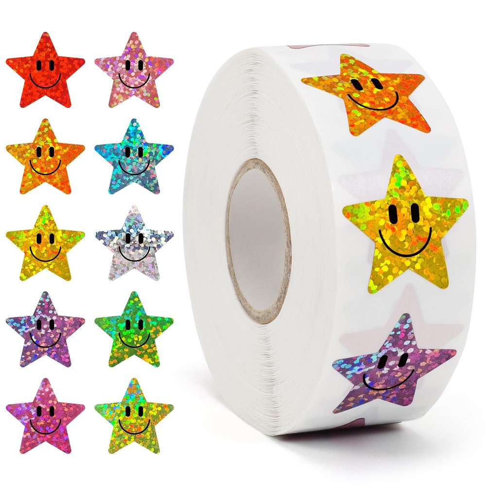 1000PCS Glitter Star Stickers 1in, 10 Colors, Reward Student Classroom