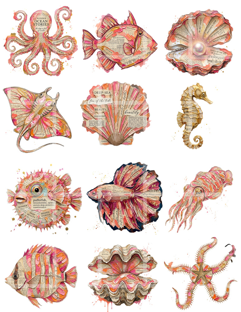 1 Pg Book Page Sea Life Fussy Cuts Card Toppers Junk Journal Supplies Scrapbook