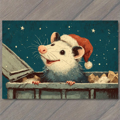 STICKER Christmas Possum Santa Hat Funny Holiday Trash Can Humor Card
