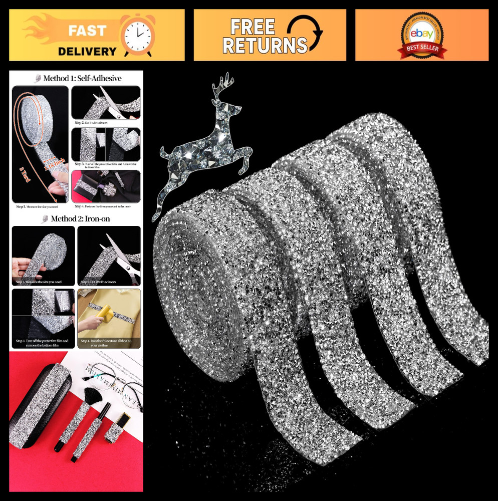 Rhinestone Ribbon Self-Adhesive Bling Stickers for DIY Crafts, Cars, Clothing –