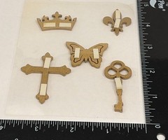 MICHAELS Wooden Embellishments Set 5 Pc Crown Butterfly Fleur-De-Lis Cross Key