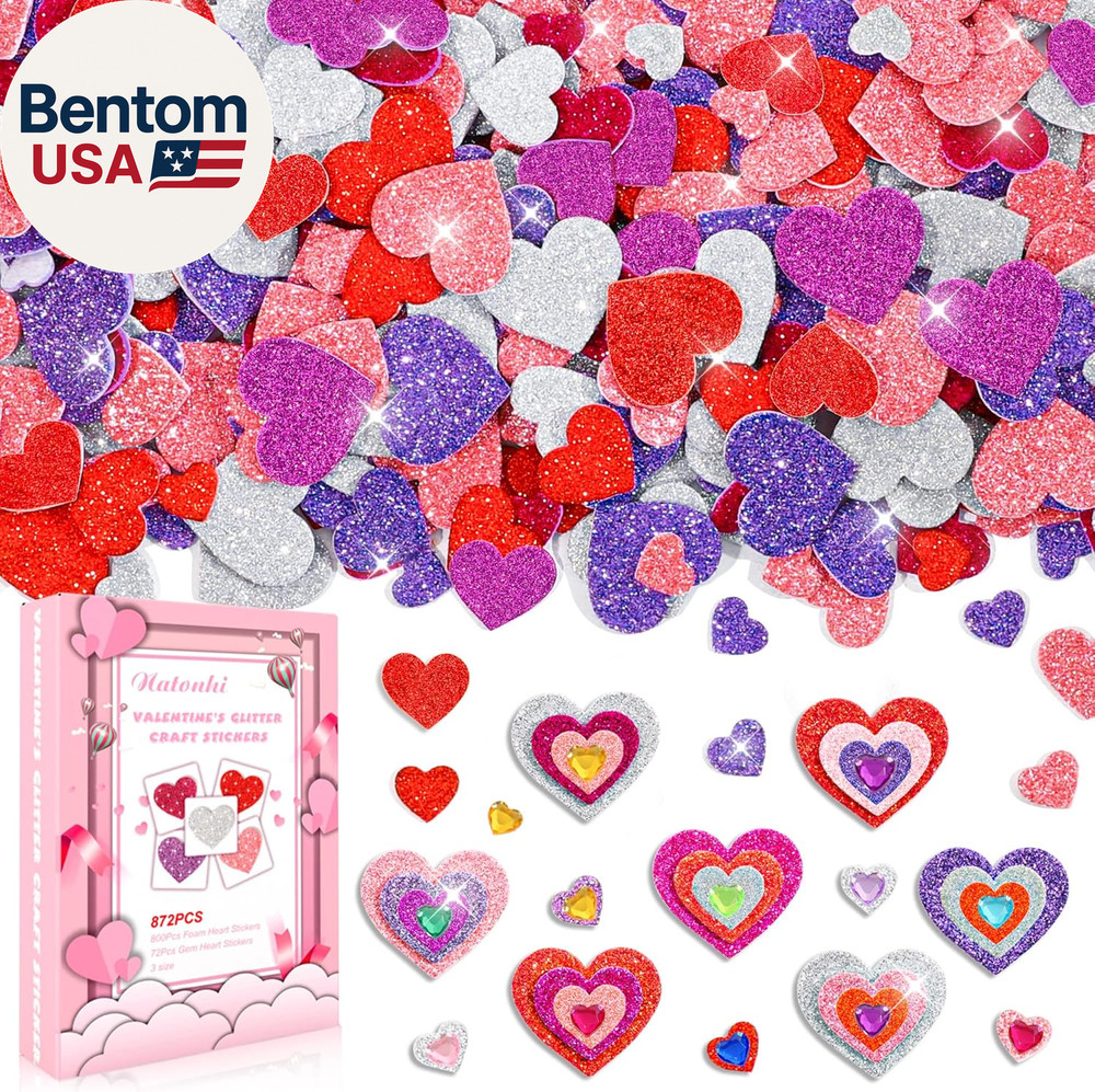 872 Pcs Valentines Heart Stickers, 3 Sizes 5 Colors Self-Adhesive Glitter Foam H