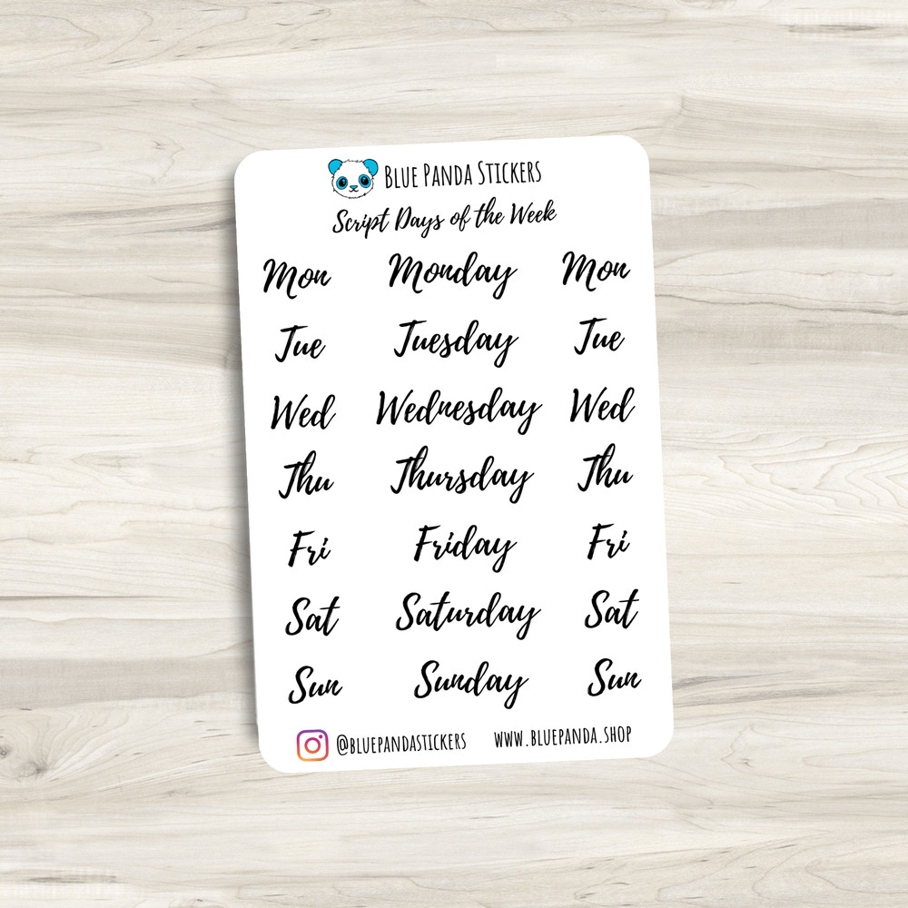 Script Days of the Week Functional Sticker Sheet, Cute Planner, Bullet Journal