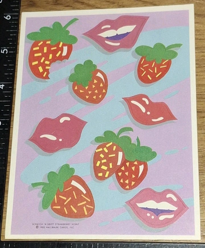 Vintage Stickers Hallmark Strawberries Lips Scratch N Sniff 1 Sheet,code20-1
