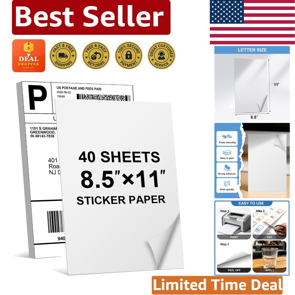 40 Sheets Sticker Paper 8.5×11, Compatible with Laser & Inkjet Printers