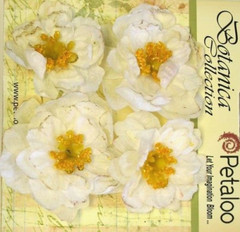RUFFLED PEONY – WHITE – 45 to 50mm x 4 Flowers with Centre FABRIC Petaloo A1