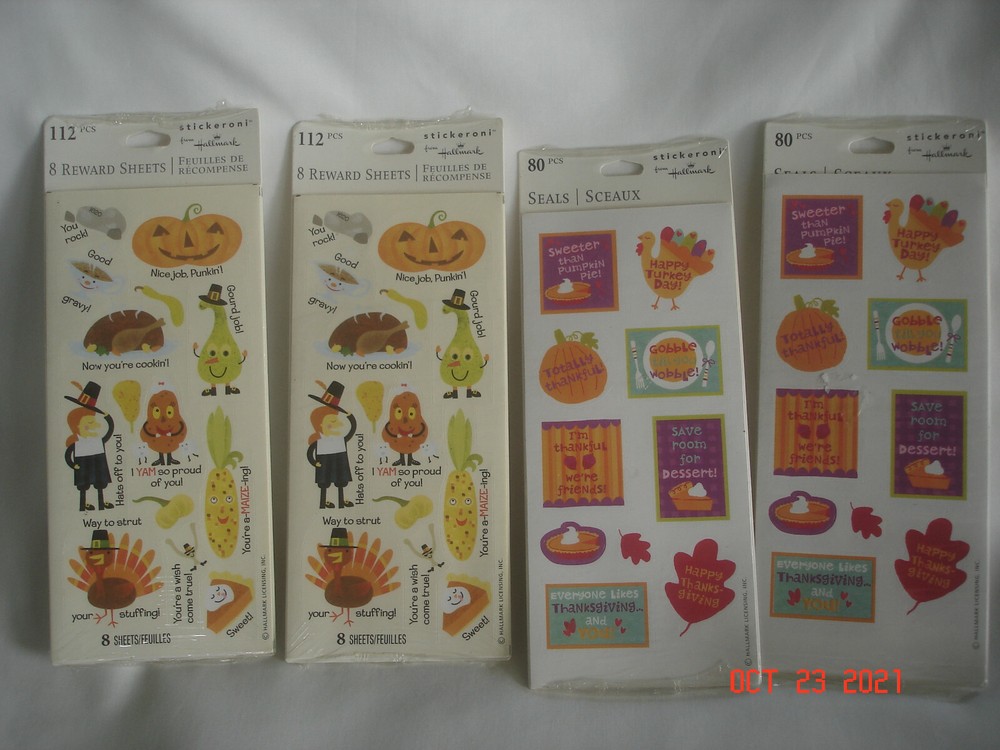 LOT 4 SEALED PKGS. HALLMARK STICKERONI STICKERS 8 Sheets per Pkg. THANKSGIVING+