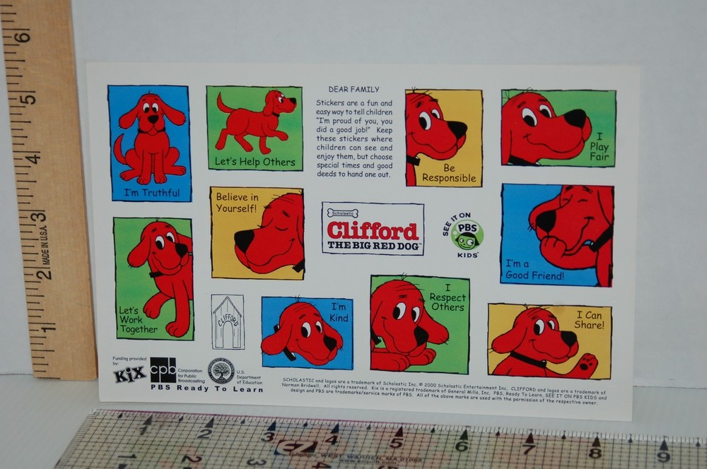 Clifford the Big Red Dog Sticker Sheet Vintage PBS Scholastic 2000 One Page Y2K