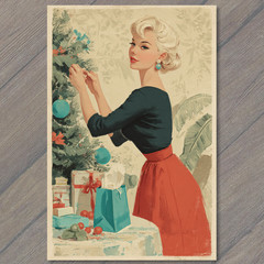 STICKER Retro Woman Decorating Christmas Tree Red Skirt Classic Holiday Style
