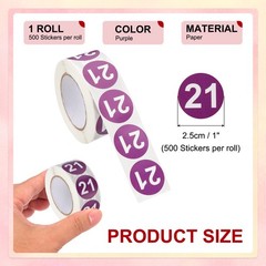 Number 21 Stickers 1″ Round Coded Self-Adhesive Labels Purple 500Pcs/Roll