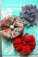 RED, GREY & Floral Mix Organza 3 Flowers – 2 with Centres 60-70mm Manor House