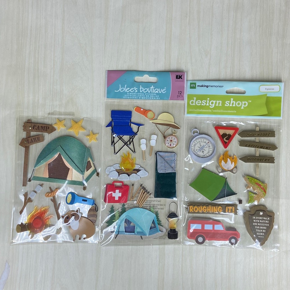Sticker Lot 3 Jolee’s Boutique Camp Camping Tent Fire Sleeping Bag Scrapbook