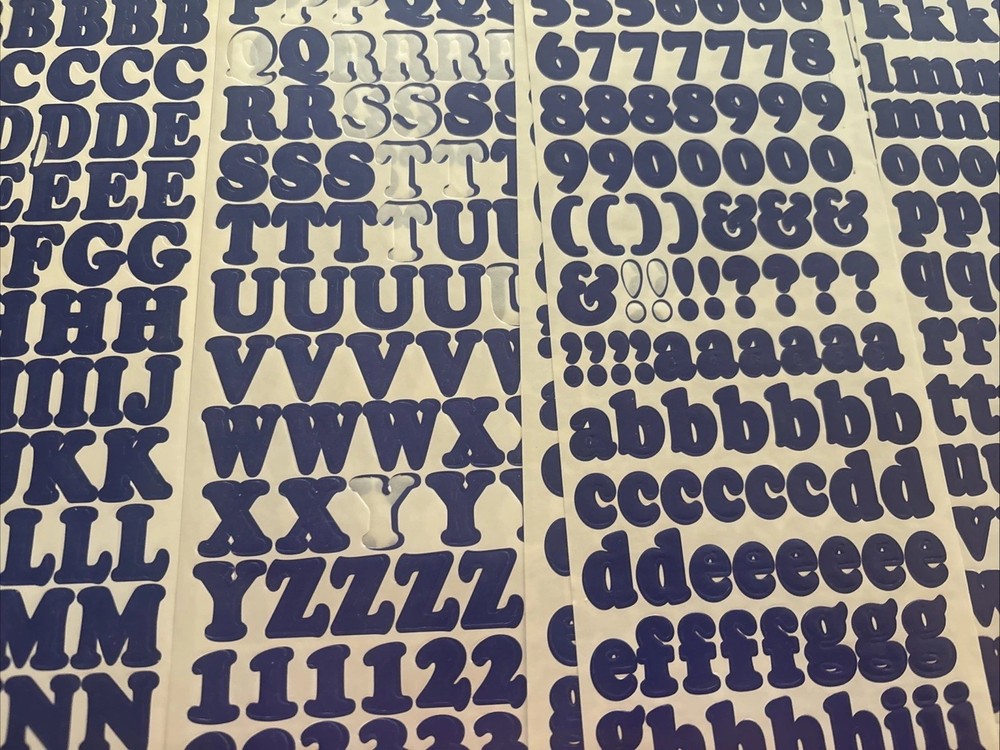 Vtg Blue Alphabet Stickers 8 Sheets Used Capital Lower Case Numbers Exclamation