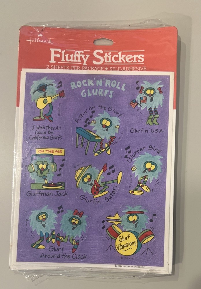 Vintage 80s Stickers Hallmark Rock N Roll Glurfs Fluffy 1984 Pkg 2 Sheets