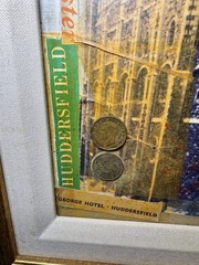 1950s 60s Framed Travel England London Scrapbooking Collage Coins 24 X 16”