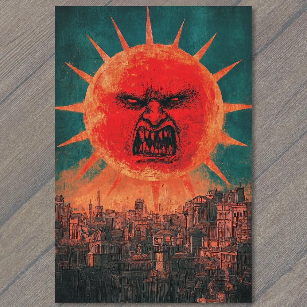 STICKER Angry Sun Over City Mean Star Hot Rays Buildings Sky Funny Unusual