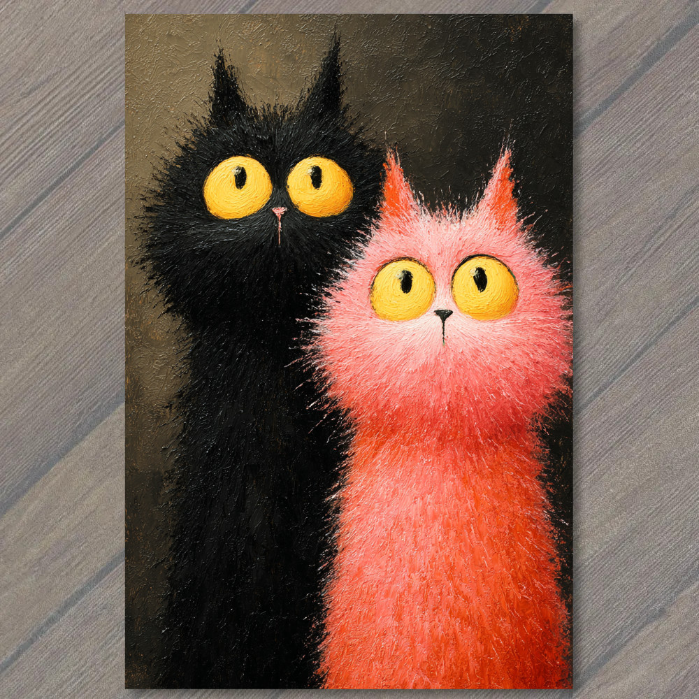 STICKER Black Pink Cats Yellow Eyes Fuzzy Duo Whimsical Cute