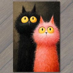 STICKER Black Pink Cats Yellow Eyes Fuzzy Duo Whimsical Cute
