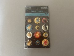 Set Of 12 Assorted Sized “Autumn” Themed Fabric Brads~1” To 1/2”, New In Package