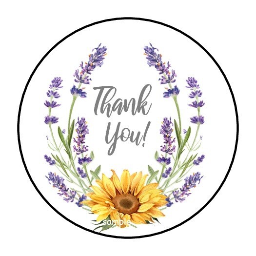 30 THANK YOU ENVELOPE SEALS LABELS STICKERS 1.5″ ROUND SUNFLOWERS LAVENDER