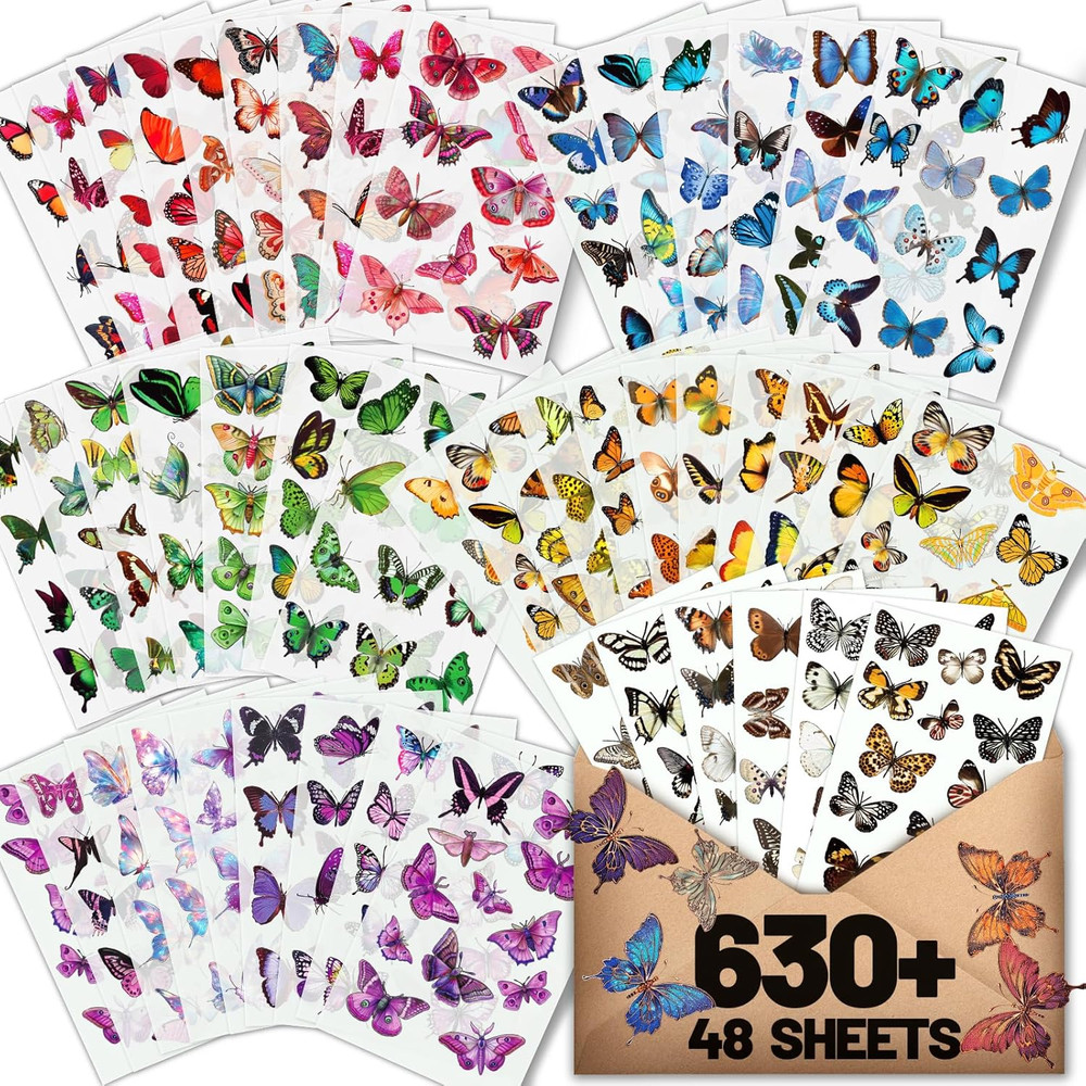 Butterfly Stickers(635 Pcs, 48 Sheets), Flower Stickers for Scrapbooking, Journa