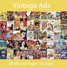 Set Of 50 Washi Stickers Scrapbooking Junk Journal Booklet Vintage Advertising