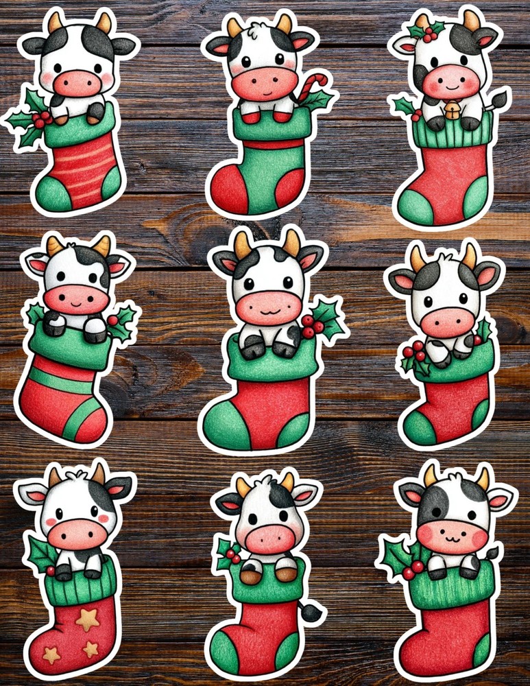Cow in Christmas Stocking Die Cut Vinyl Stickers Scrapbooking Laptop Waterbottle
