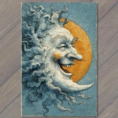 STICKER Whimsical Crescent Moon Face Golden Glow Halloween Vintage Style Sky S