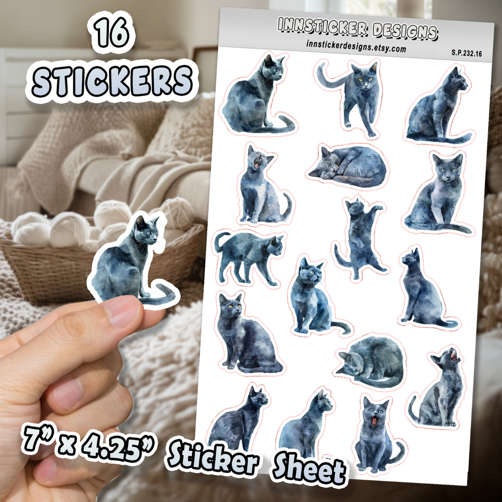 Russian Blue Cat Stickers, for Journals, Scrapbooks, Planners, Glossy, Matte