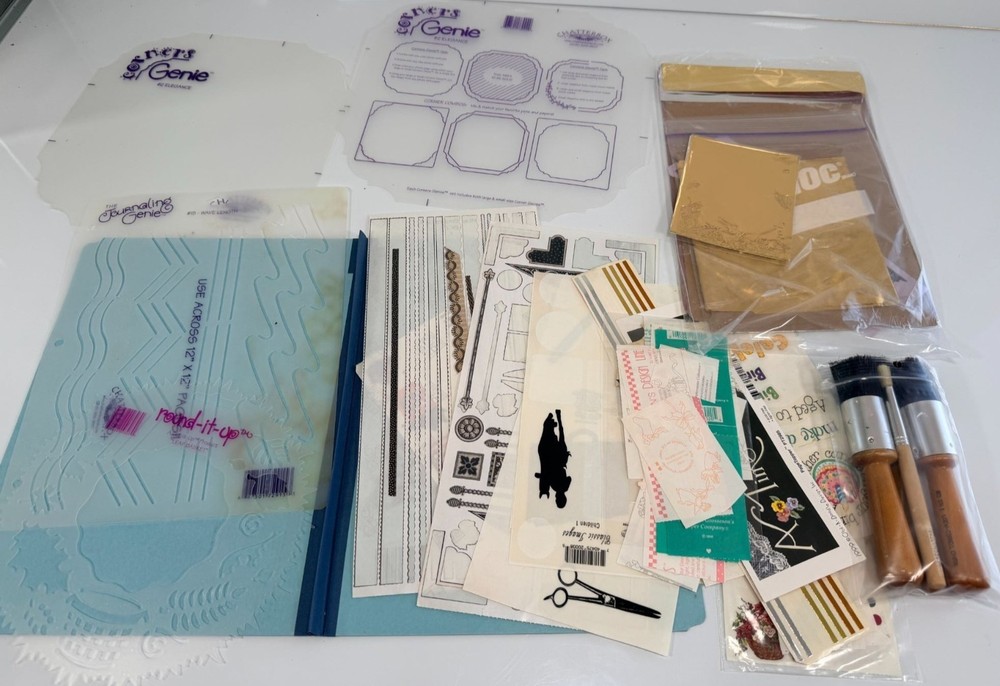 Craft Stencil & Art Lot: Journaling Genie Stickers Brushes & Gold Foil Sheets