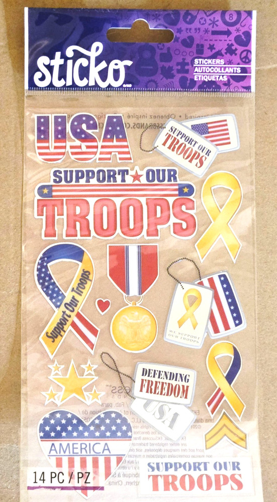 Sticko 14pc Military Support Our Troops Stickers Patriotic USA Scrapbooking, NEW