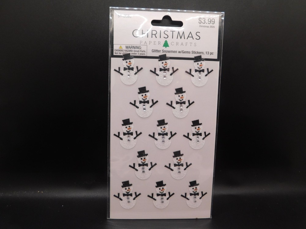 Christmas paper crafts glitter snowmen w/gems stickers 13pc