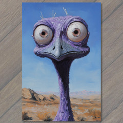 STICKER Quirky Purple Ostrich Creature Cartoon Bird Big Eyes Dry Terrain Art