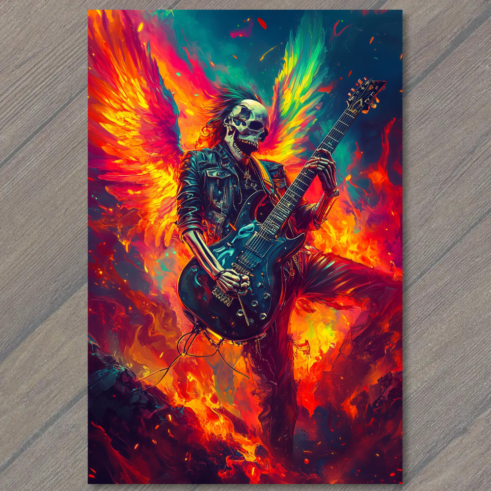 STICKER Flaming Skull Rock Guitar Wings Fire Skeleton Jacket Heavy Metal Band