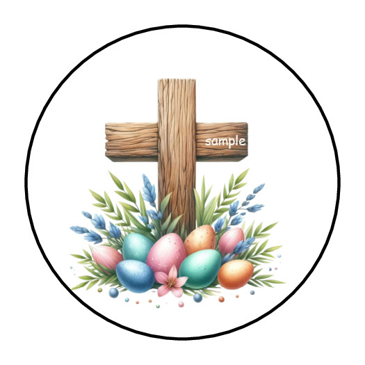 30 EASTER CROSS WITH EGGS ENVELOPE SEALS STICKERS LABELS TAGS 1.5″ ROUND