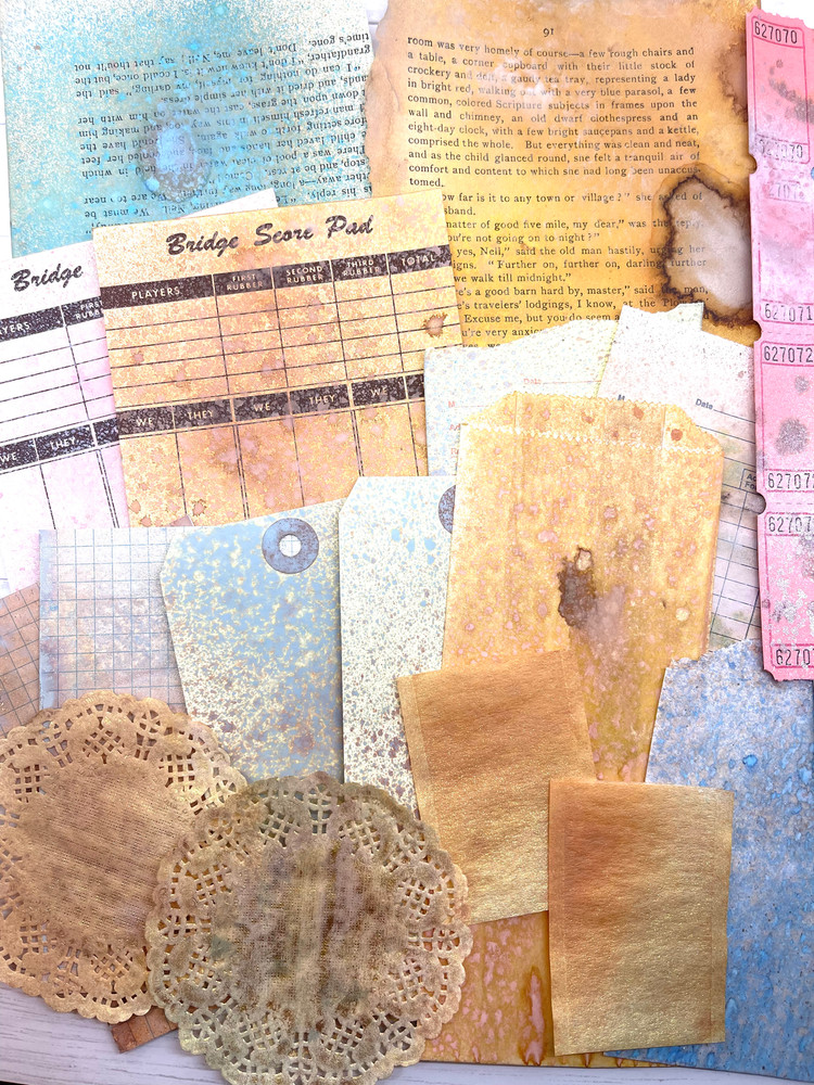 Dyed Vintage Style Ephemera 24 Pc Sampler Pack Book Pages Glassine Bags Tickets