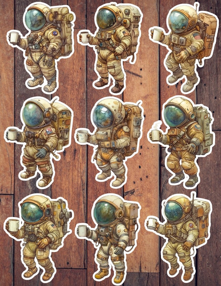 Astronaut With Coffee Vinyl Die Cut Stickers Set Scrapbooking Laptop Waterbottle