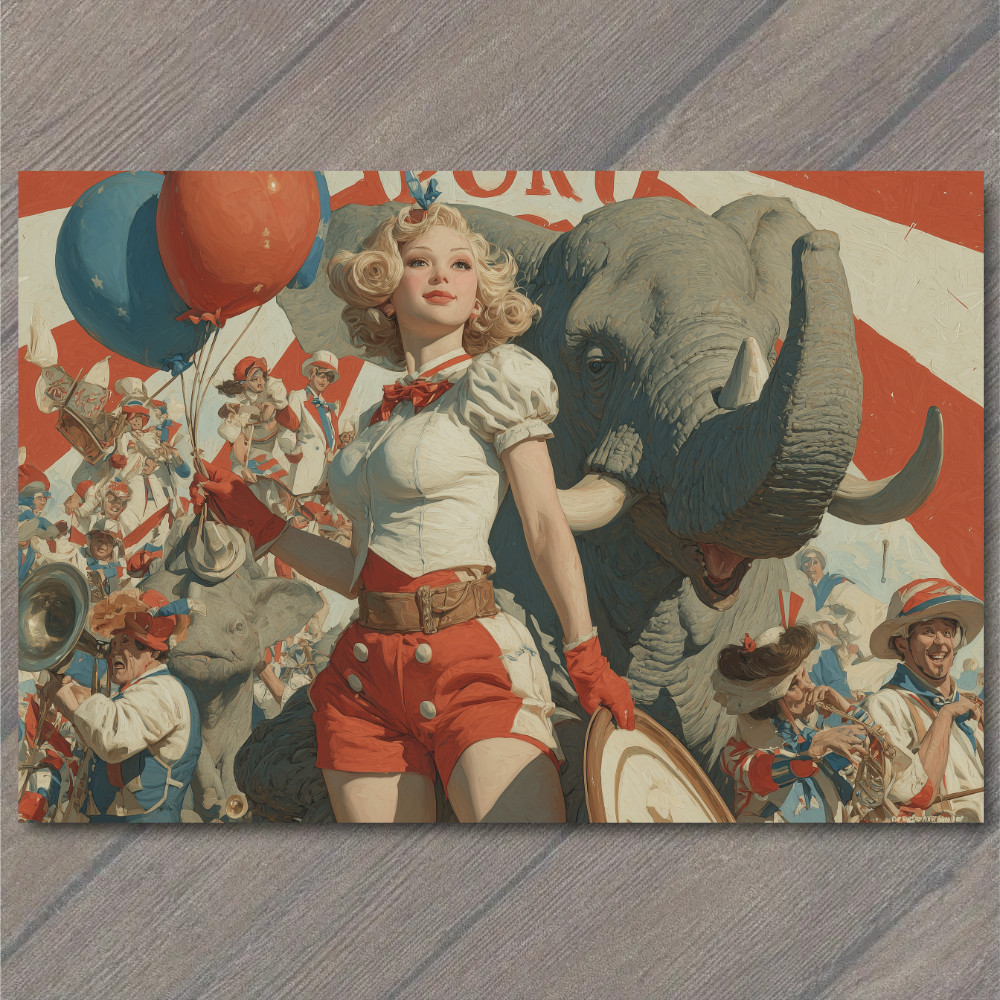 STICKER Woman Holding Balloons Elephant Parade Marching Band Patriotic Joy
