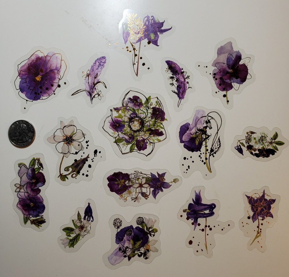 Purple Floral stickers – 30 stickers – 2 ea of 15 images with gold accents