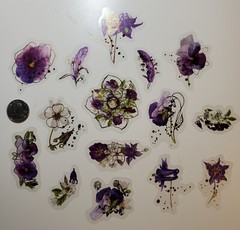 Purple Floral stickers – 30 stickers – 2 ea of 15 images with gold accents