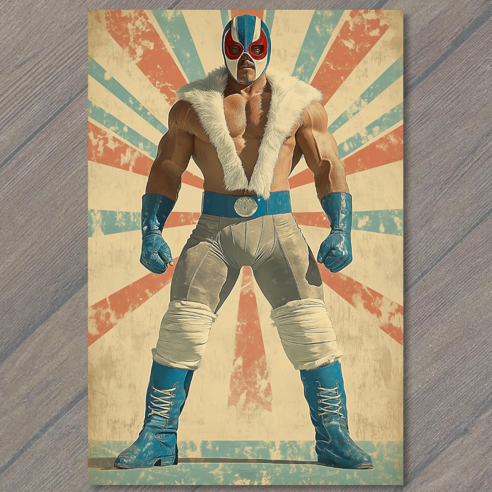 STICKER Masked Fighter Blue Red Gloves Fur Collar Muscles Starburst Tough Look