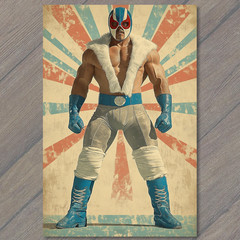 STICKER Masked Fighter Blue Red Gloves Fur Collar Muscles Starburst Tough Look