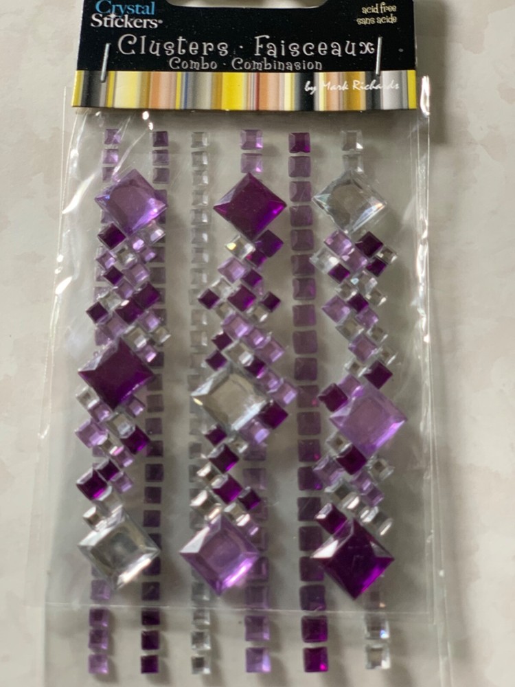 CRYSTAL STICKER 2 SHEETS CLUSTERS VIOLET PURPLE CLEAR GEMSTONES MULTI-SIZE 9PCS