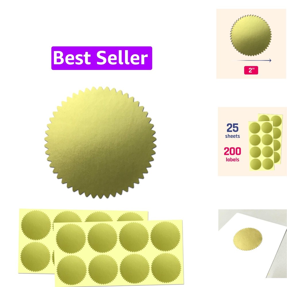200 Pack, Gold Foil Seal Stickers for Certificates – 2″ Diameter