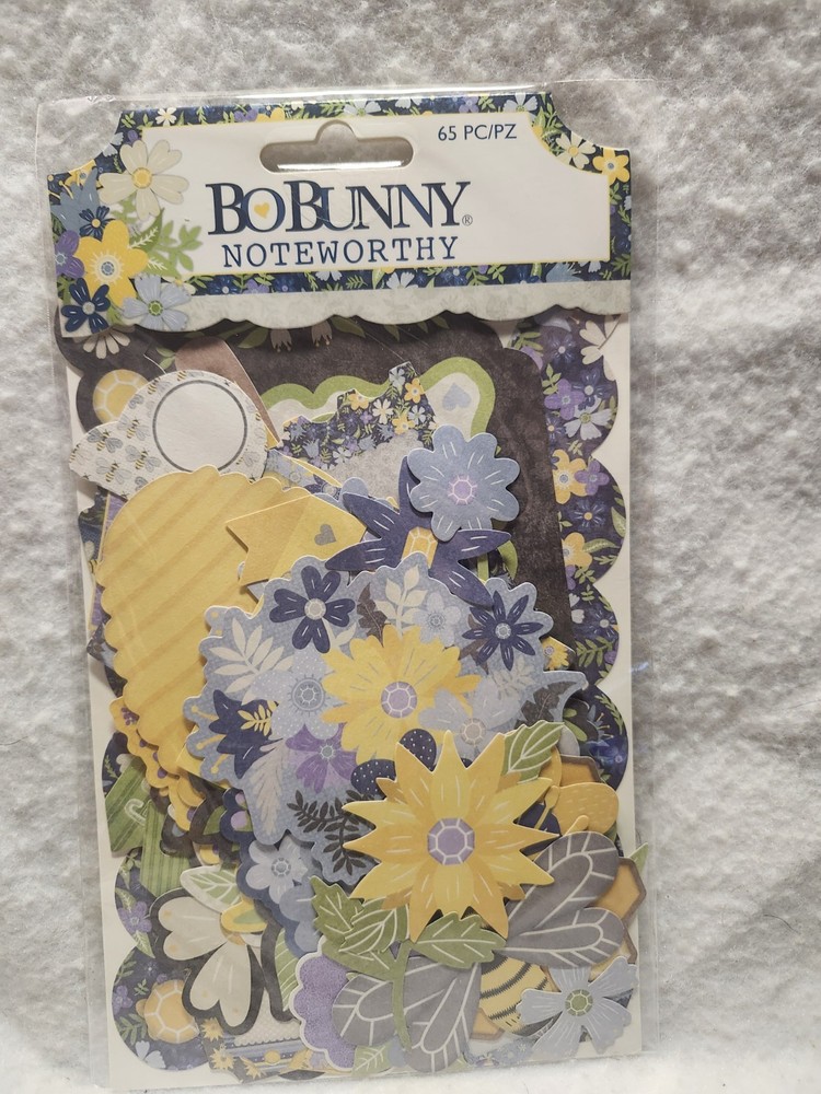Bo Bunny Noteworthy 65 Pieces Die Cuts Blue Yellow Green Floral Scrapbooking NEW