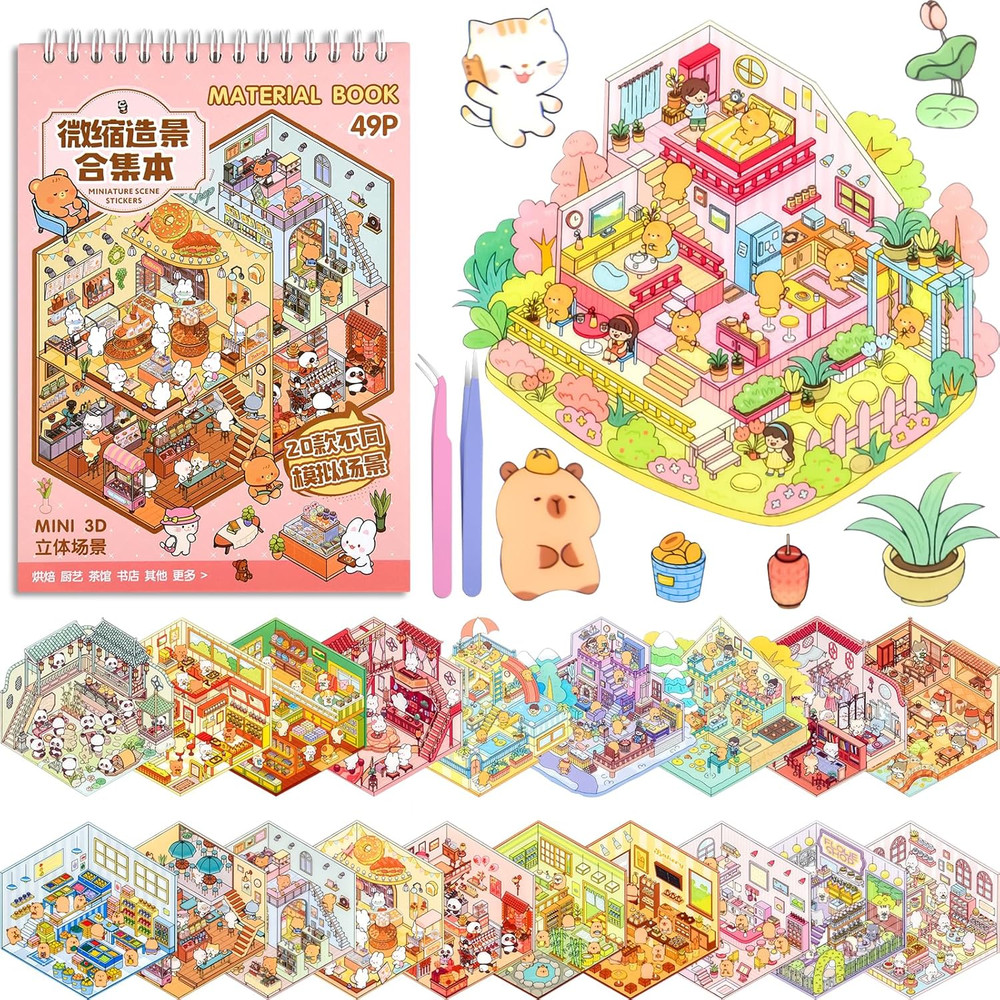 20 Sets DIY 3D Sticker Scene for Adults, Make Your Own Mini Cozy Shop House Roo