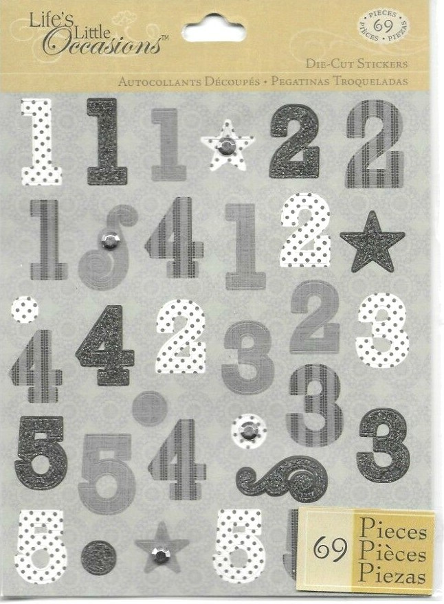 Numbers Black White Gray Stars Silver Studs Die-cut K&Co Number Stickers