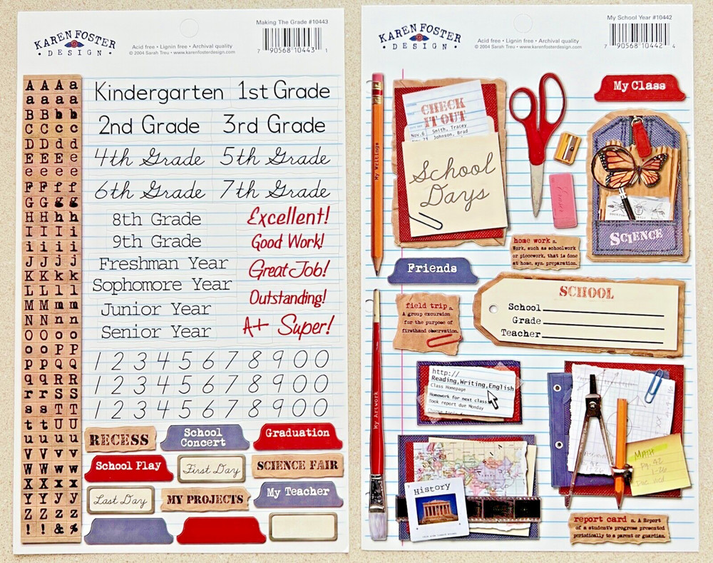 SCHOOL DAYS STICKER SET 2 Sheets 6X9″ year grade k-12 alphabet book KAREN FOSTER
