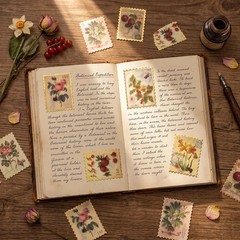 60pcs Vintage Postage Stamp Stickers, Aesthetic Botanical Deco Paper Sticker for
