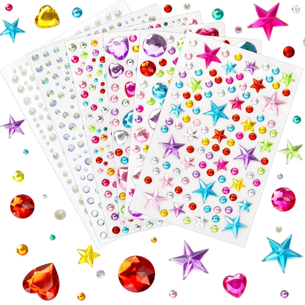 1296 pcs Gem Stickers Rhinestones for Crafts, Sparkling Cute Star Heart Round…